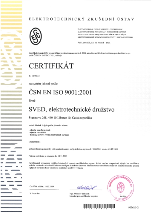 Certifik�t ISO 9001:2001 vystaven� v EZ� Praha